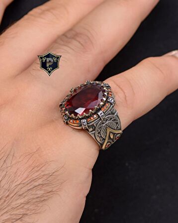 Kırmızı Zirkon Taşlı Zirkon Taş Süslemeli 925 Ayar Gümüş Erkek Yüzüğü
