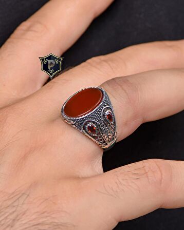 Akik Taşlı Zirkon Taş Süslemeli 925 Ayar Gümüş Erkek Yüzüğü 
