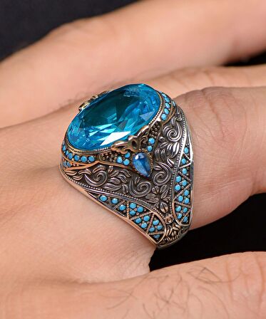 Aquamarine Taşlı Turkuaz Taş Süslemeli 925 Ayar Gümüş Erkek Yüzüğü 