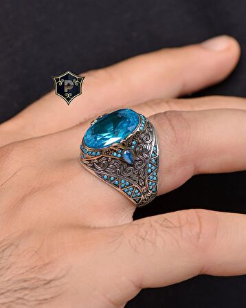 Aquamarine Taşlı Turkuaz Taş Süslemeli 925 Ayar Gümüş Erkek Yüzüğü 