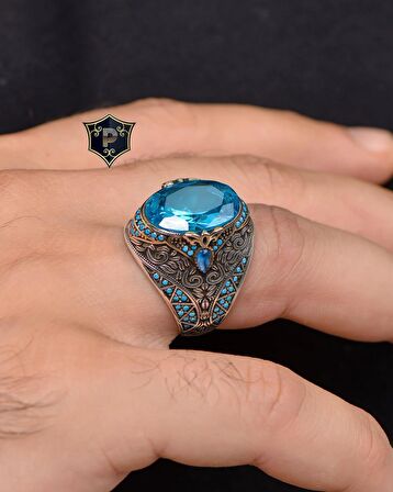 Aquamarine Taşlı Turkuaz Taş Süslemeli 925 Ayar Gümüş Erkek Yüzüğü 