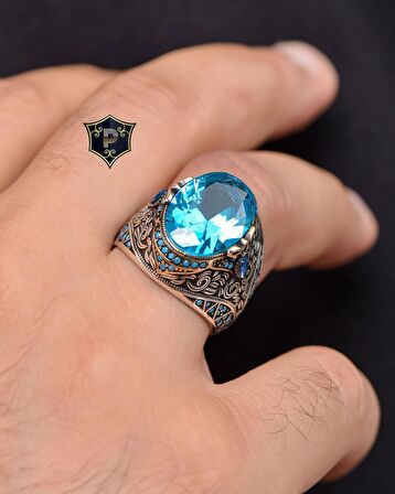 Aquamarine Taşlı Turkuaz Taş Süslemeli 925 Ayar Gümüş Erkek Yüzüğü 