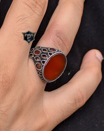 Akik Taşlı Zirkon Taş Süslemeli 925 Ayar Gümüş Erkek Yüzüğü 