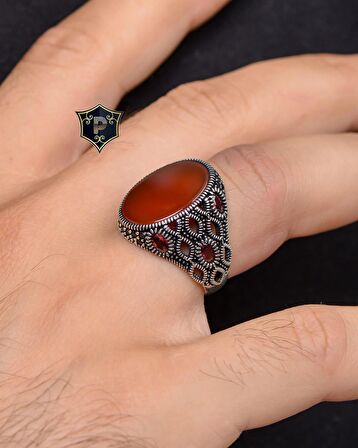 Akik Taşlı Zirkon Taş Süslemeli 925 Ayar Gümüş Erkek Yüzüğü 