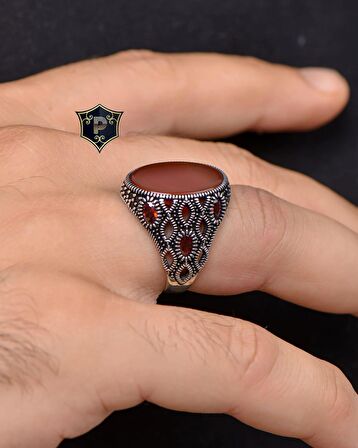 Akik Taşlı Zirkon Taş Süslemeli 925 Ayar Gümüş Erkek Yüzüğü 