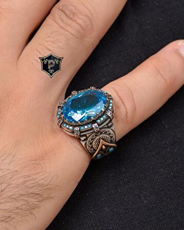 Aquamarine Taşlı Turkuaz Taş Süslemeli 925 Ayar Gümüş Erkek Yüzüğü