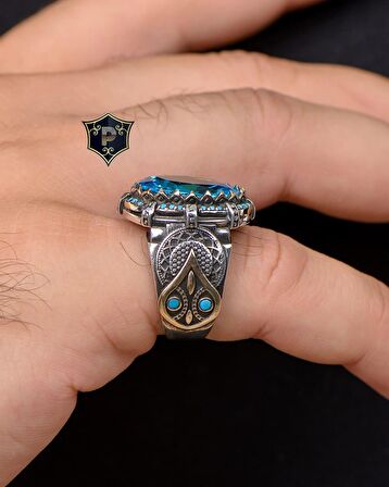 Aquamarine Taşlı Turkuaz Taş Süslemeli 925 Ayar Gümüş Erkek Yüzüğü