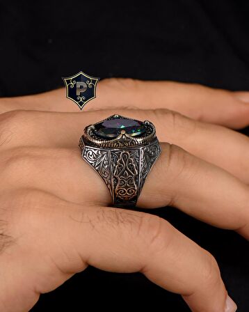 Mistik Topaz Taşlı Zirkon Taş Süslemeli 925 Ayar Gümüş Erkek Yüzüğü