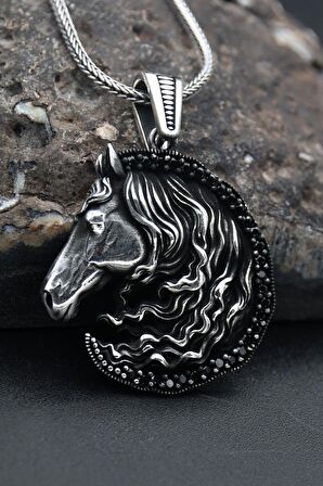 At Figürlü 925 Ayar Erkek Gümüş Kolye Zincir