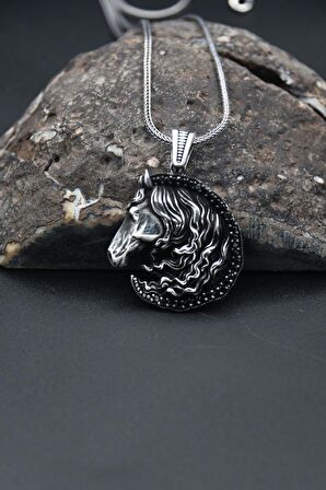 At Figürlü 925 Ayar Erkek Gümüş Kolye Zincir