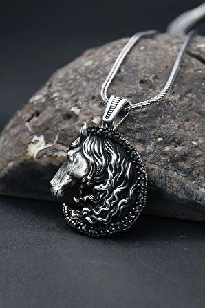 At Figürlü 925 Ayar Erkek Gümüş Kolye Zincir