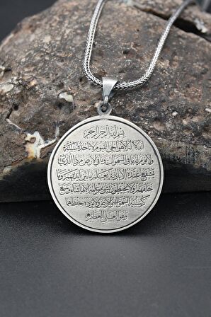 Çift Taraflı Ayetel Kürsi ve Haset Suresi Yazılı 925 Ayar Erkek Gümüş Kolye Zincir