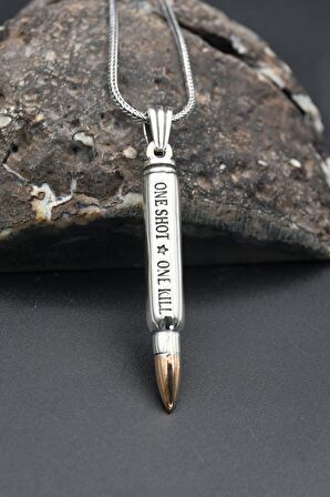 Mermi Modelı (ONE SHOT.ONE KILL) YAZLI 925 Ayar Erkek Gümüş Kolye Zincir