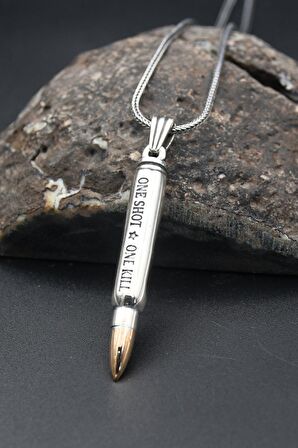 Mermi Modelı (ONE SHOT.ONE KILL) YAZLI 925 Ayar Erkek Gümüş Kolye Zincir