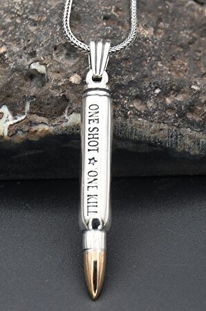 Mermi Modelı (ONE SHOT.ONE KILL) YAZLI 925 Ayar Erkek Gümüş Kolye Zincir