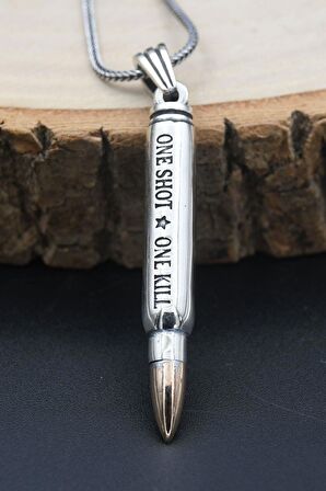 Mermi Modelı (ONE SHOT.ONE KILL) YAZLI 925 Ayar Erkek Gümüş Kolye Zincir