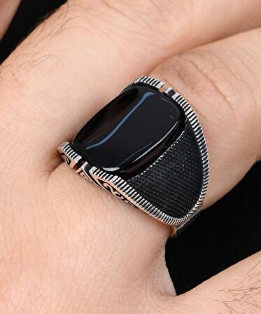 Siyah Oniks Taşlı Flat Tasarım 925 Ayar Gümüş Erkek Yüzüğü