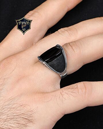 Siyah Oniks Taşlı Flat Tasarım 925 Ayar Gümüş Erkek Yüzüğü