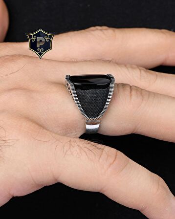 Siyah Oniks Taşlı Flat Tasarım 925 Ayar Gümüş Erkek Yüzüğü