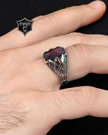 Kırmızı Zirkon Taşlı 925 Ayar Gümüş Erkek Yüzüğü