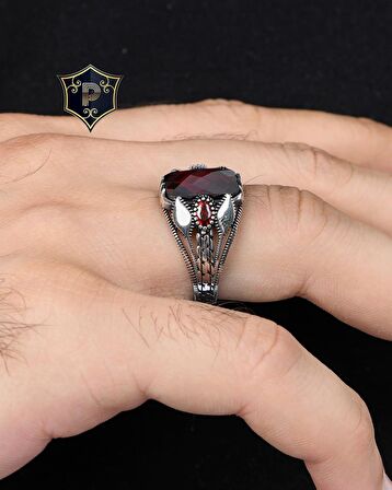 Kırmızı Zirkon Taşlı 925 Ayar Gümüş Erkek Yüzüğü