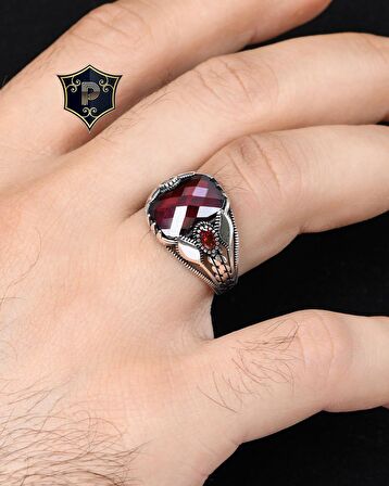 Kırmızı Zirkon Taşlı 925 Ayar Gümüş Erkek Yüzüğü