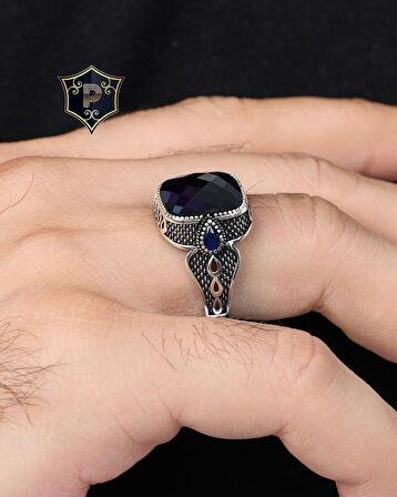 Lacivert Zirkon Taşlı 925 Ayar Gümüş Erkek Yüzüğü 