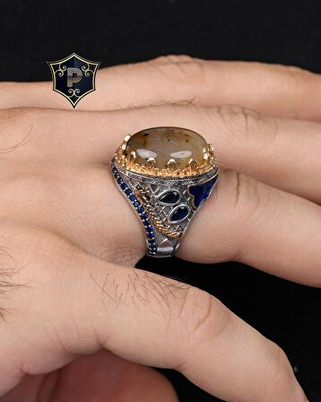 Yemen Akik Taşlı 925 Ayar Gümüş Erkek Yüzüğü Zirkon Taş Süslemeli Süslemeli