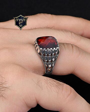 Kırmızı Zirkon Taşlı 925 Ayar Gümüş Erkek Yüzüğü