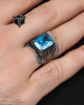 Aquamarine Taşlı Turkuaz Taş Süslemeli 925 Ayar Gümüş Erkek Yüzüğü