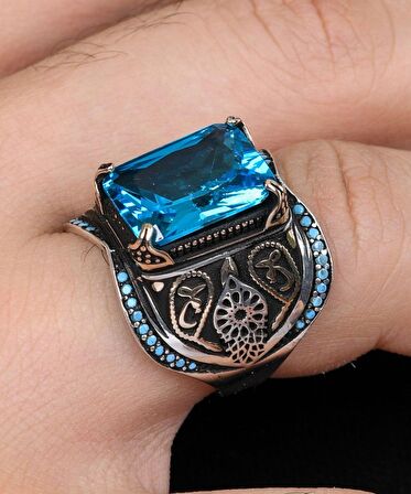 Aquamarine Taşlı Turkuaz Taş Süslemeli 925 Ayar Gümüş Erkek Yüzüğü