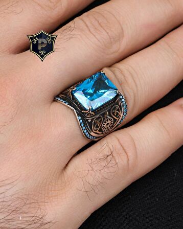 Aquamarine Taşlı Turkuaz Taş Süslemeli 925 Ayar Gümüş Erkek Yüzüğü