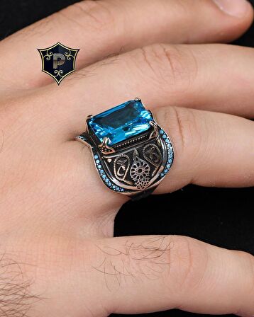 Aquamarine Taşlı Turkuaz Taş Süslemeli 925 Ayar Gümüş Erkek Yüzüğü