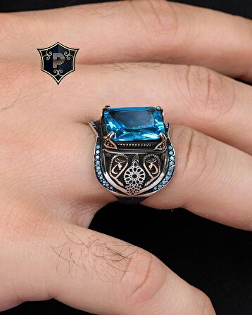 Aquamarine Taşlı Turkuaz Taş Süslemeli 925 Ayar Gümüş Erkek Yüzüğü