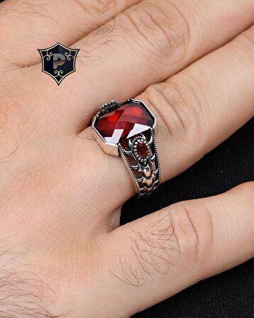 Kırmızı Zirkon Taşlı Zirkon Taş Süslemeli 925 Ayar Gümüş Erkek Yüzüğü