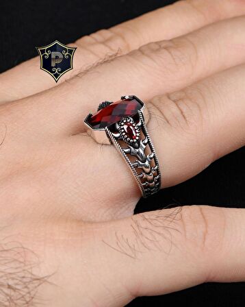 Kırmızı Zirkon Taşlı Zirkon Taş Süslemeli 925 Ayar Gümüş Erkek Yüzüğü