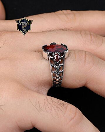 Kırmızı Zirkon Taşlı Zirkon Taş Süslemeli 925 Ayar Gümüş Erkek Yüzüğü