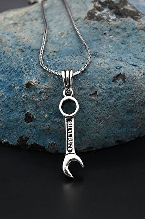 Çatal  Anahtarı Tasarımlı Gümüş Kolye Zincir 925 Ayar