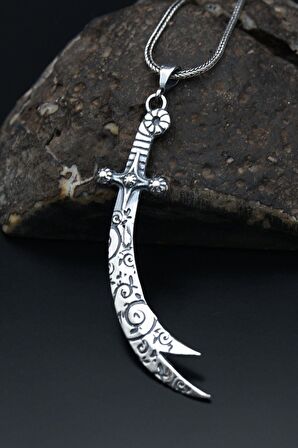 925 Ayar Gümüş Kolye Zincir Hz. Ali Zülfikar Kılıcı