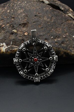 Kutup Yıldızlı Pusula Figürlü Kolye Ucu 925 Ayar Gümüş