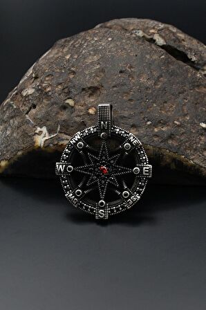 Kutup Yıldızlı Pusula Figürlü Kolye Ucu 925 Ayar Gümüş