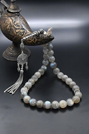 33'lük Doğal Labradorite Taşlı Tesbih 925 Ayar Gümüş Püsküllü 10mm Küre Kesim