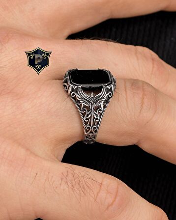 Anka kuşu Figürlü Oniks Taşlı 925 Ayar Gümüş Erkek Yüzüğü
