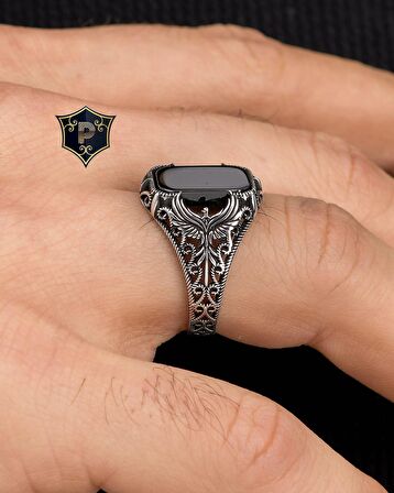 Anka kuşu Figürlü Oniks Taşlı 925 Ayar Gümüş Erkek Yüzüğü