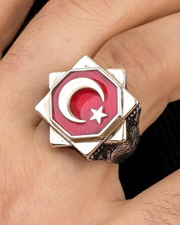 Ay Yıldızlı Kırmızı Mineli 925 Ayar Gümüş Erkek Yüzüğü
