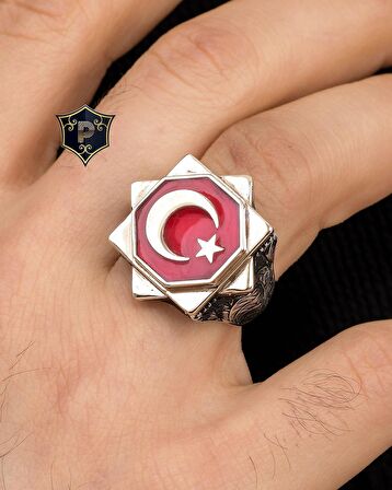 Ay Yıldızlı Kırmızı Mineli 925 Ayar Gümüş Erkek Yüzüğü