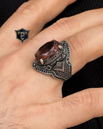 Zultanit Taşlı Mikro Taş Süslemeli 925 Ayar Gümüş Erkek Yüzüğü