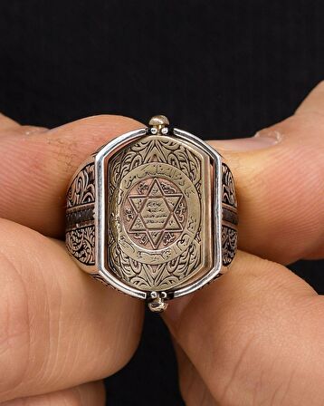 Hz. Süleyman Mührü Ve Ayetel Kürsi Çift Tarafli 925 Ayar Gümüş Erkek Yüzüğü