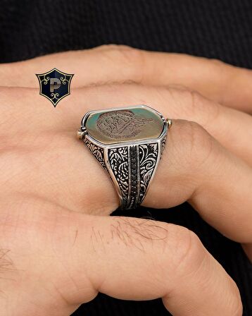 Hz. Süleyman Mührü Ve Ayetel Kürsi Çift Tarafli 925 Ayar Gümüş Erkek Yüzüğü