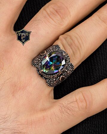 Mistik Topaz Taşlı Mikro Taş Süslemeli 925 Ayar Gümüş Erkek Yüzüğü